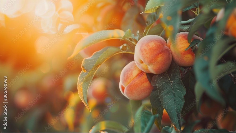 Canvas Prints 
peach fruits on tree branch in sunset light, summer nature background with copy space for your text or design. Beautiful peach trees garden at golden hour