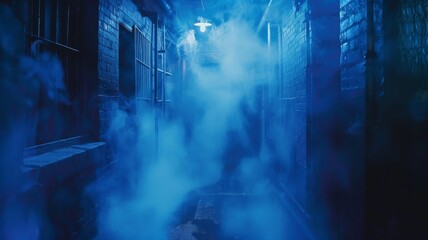 the atmospheric depths of a dark blue background, tinged with the faint glow of neon lights and enveloped in a haze of smoke and smog,