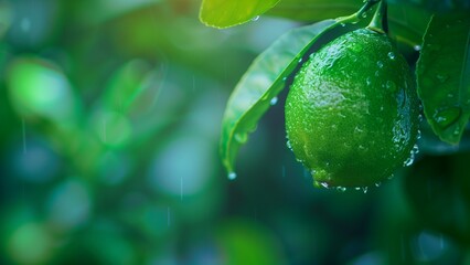 A closeup of lime growing on the tree, with vibrant colors, lush green leaves, and a soft focus background