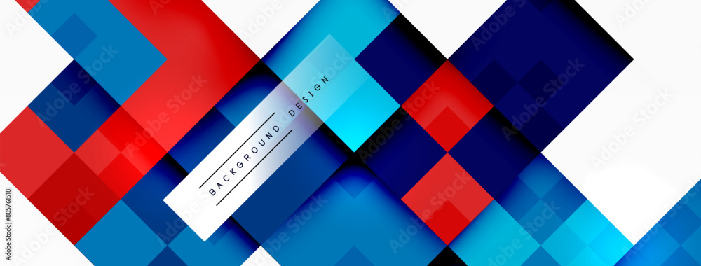 Poster an artistic composition featuring a colorful blend of red, blue, and white geometric shapes like squ