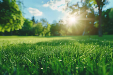 Obraz premium A lush green grassy park under a sunny blue sky is blurred in the background.