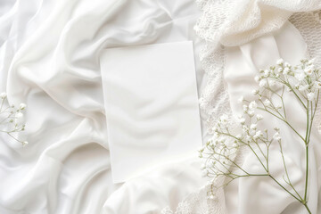 Fototapeta premium A blank white card lies on a table adorned with baby's breath flowers and a touch of delicate lace fabric, set against a white silk cloth backdrop.