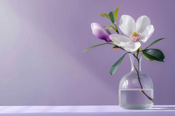 A single magnolia flower in a glass vase on a table against a light purple wall, providing copy space.