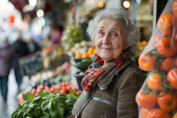 City Market Stroll - Local Flavors: A senior woman strolling through a city market, dressed in casual and comfortable clothing, exploring local flavors and delights.