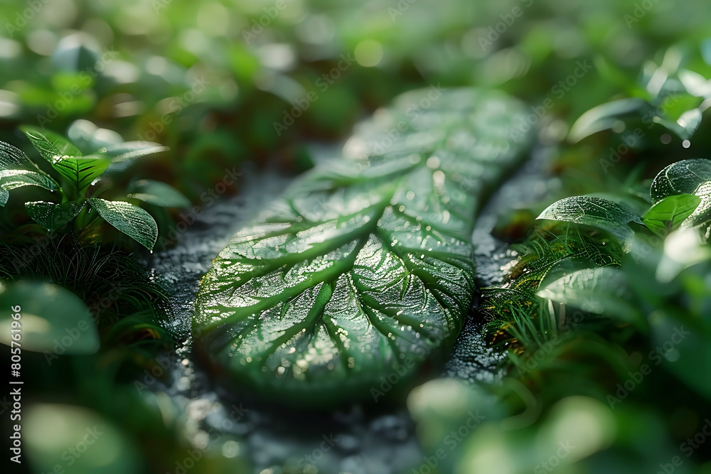 Wall mural Lush Green Leaf in Close-up with Glistening Dew Droplets on Surface