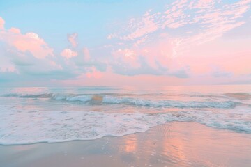 A serene beach scene unfolds at sunset, with soft pastel colors of pink and peach, a calm ocean horizon, and gentle waves lapping against golden sand.