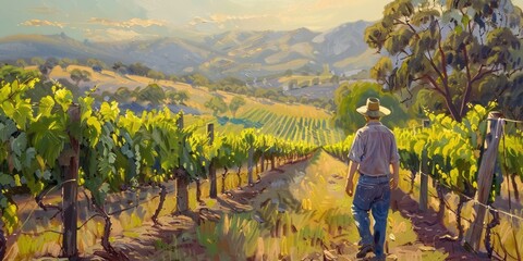 A farmer walks through the vineyards, with rolling hills in the background and rows of grapevines under soft morning light.