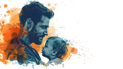 watercolor splashes illustration of man holding his child on white background, love care father's day parenthood bonding concept