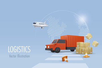 Logistic and worldwide shipping delivery service. Truck and airplane with cargo shipment boxes on road. Online shopping, delivery and logistic freight distribution shipment. 3D vector.