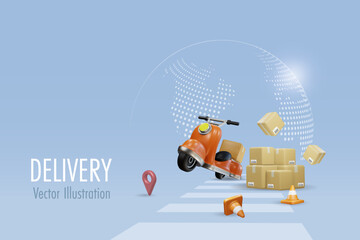 Online delivery shipping global service. Driving scooter delivers shipment box on road. Online shopping, delivery and logistic freight distribution shipment. 3D vector.