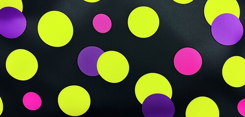 An abstract pattern of oversized, neon yellow and bright purple polka dots, clashing vibrantly...