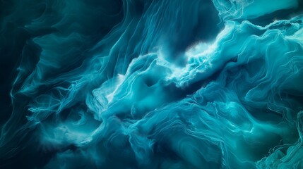 An abstract seascape, where shades of deep blue and turquoise crash against each other like waves,...