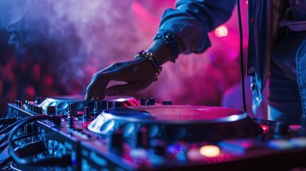 vibrant scene of a DJ immersed in the music