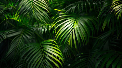 A close-up photograph captures the lush greenery of palm fronds or grasses in a tropical garden, showcasing their intricate details and vibrant colors. The image evokes a sense of tranquility and sere