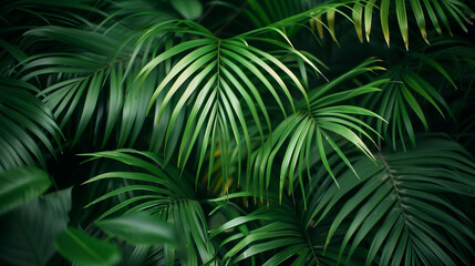 A close-up photograph captures the lush greenery of palm fronds or grasses in a tropical garden, showcasing their intricate details and vibrant colors. The image evokes a sense of tranquility and sere