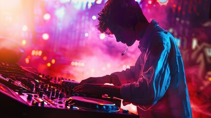 vibrant scene of a DJ immersed in the music