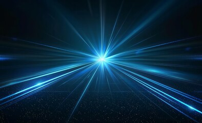 Blue laser beam light rays background with spotlight and glowing effect on dark black background