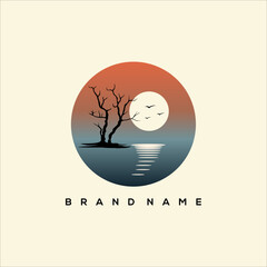 sunset on the lake with a view of dry trees logo vector
