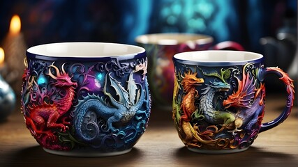 Deco coffee cup design, beautiful golden cup with elaborate design, ideal for a formal setting a tea cup and saucer decorated with images of a storm, waves, and the sea. AI picture.


