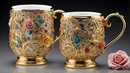 Deco coffee cup design, beautiful golden cup with elaborate design, ideal for a formal setting a tea cup and saucer decorated with images of a storm, waves, and the sea. AI picture.


