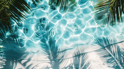 Delve into the tranquility of a white sand beach with this mesmerizing top view of water surface and tropical leaf shadow