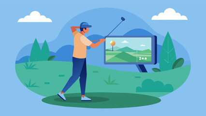 A man practices his swing on a virtual golf course immersing himself in the serene environment as he follows the guidance of a virtual coach.. Vector illustration
