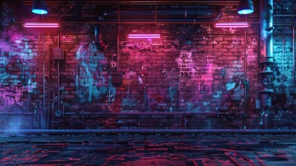 the urban landscape with an empty background featuring an old brick wall illuminated by neon light, the rich textures and moody atmosphere 