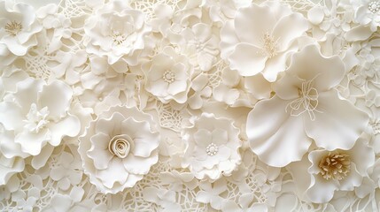 An array of delicate, white sugar flowers, each petal crafted with precision, set against a fancy, white lace background, ready to adorn a celebratory cake and evoke the joy of special moments. 