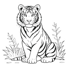 Big tiger sitting full body line art vector illustration