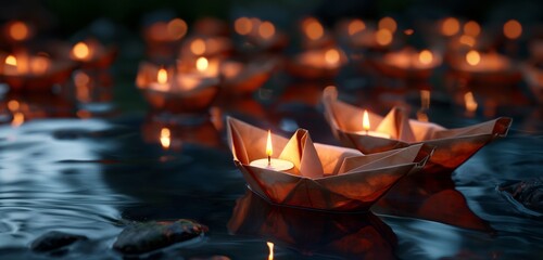 An array of handcrafted, delicate paper boats on a reflective, dark water surface, each boat carrying a tiny, glowing candle, creating a magical and reflective celebration scene. 