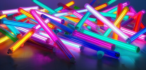 An array of multicolored, neon light tubes arranged in a haphazard, yet visually captivating...