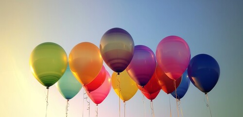 An array of vibrant, helium balloons in a spectrum of rainbow colors, floating freely against a clear, azure sky background, symbolizing freedom and happiness in celebration. 