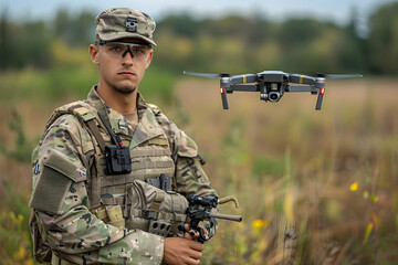 Fototapeta premium A soldier in military uniform controls a quadcopter, possibly for surveillance or reconnaissance purposes.