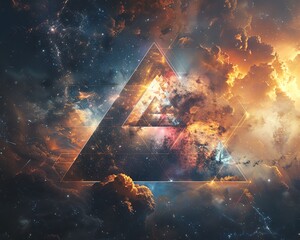 An epic illustration of a glowing triangle floating in a sea of stars and clouds