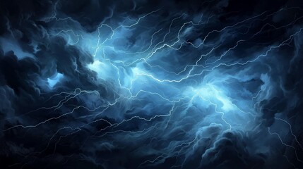 An artistic rendition of a thunderstorm, with jagged, abstract lightning bolts illuminating a dark, stormy sky, the energy and power of nature captured in an intense visual experience. 