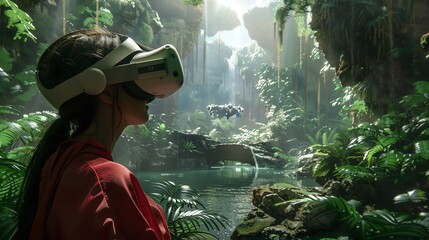 A young woman wearing a VR headset is standing in a lush jungle. She is looking around in amazement, taking in the sights and sounds of the virtual world.