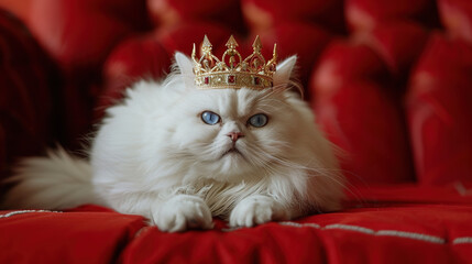 White Persian cat with blue eyes Sitting on a red sofa wearing a golden crown