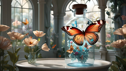 Some butterflies inside a glass bottle
