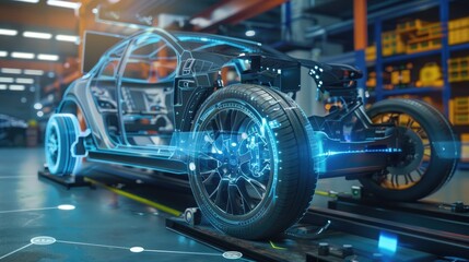 Fototapeta premium An AI-powered diagnostic tool scans electric vehicle components.