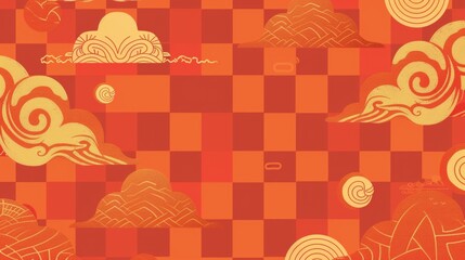 A background of an orange checkered pattern with Japanese patterns and clouds in the style of a flat design.