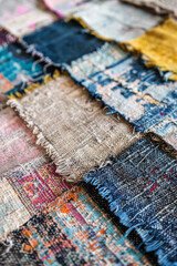 Textured surface of vintage fabric swatches, showcasing retro patterns and tactile textures. Vintage fabric swatch textures offer a nostalgic and tactile backdrop