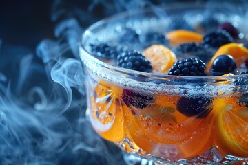 Close-up of a bowl of Halloween punch with floating fruit and dry ice, creating a spooky and...