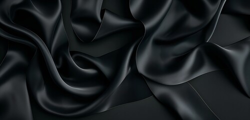 An elegant, black silk ribbon, twisted and curled to form an abstract pattern, set against a...