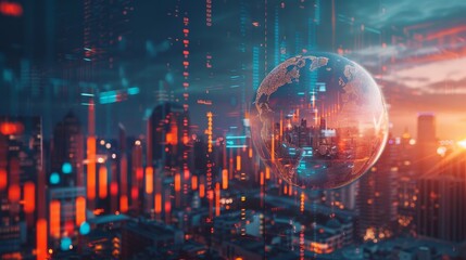 Fototapeta premium Digital earth hovering over futuristic city with neon lights with economic graphs plummeting