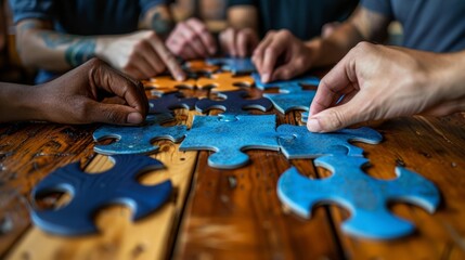 A leader and team constructing a puzzle together, emphasizing collaboration and problem-solving