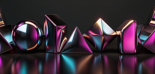 An elegant display of metallic, geometric shapes, each reflecting a different shade of neon light,...