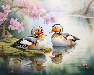 Mandarin ducks are birds that mate only for life. Symbol of true love. Watercolor painting. Used for making wallpaper, posters, postcards, brochures.