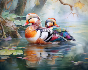 Watercolor painting of a pair of mandarin ducks. Mandarin ducks are birds that mate only for life.
 An animal of good fortune.  Used for making wallpaper, posters, postcards, brochures.