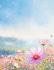 Landscape illustration of a cosmos field in light colors.
