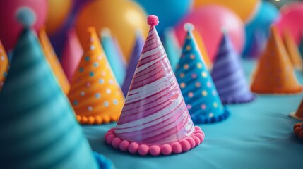 Colorful party hats arranged together, blurred balloons in the back